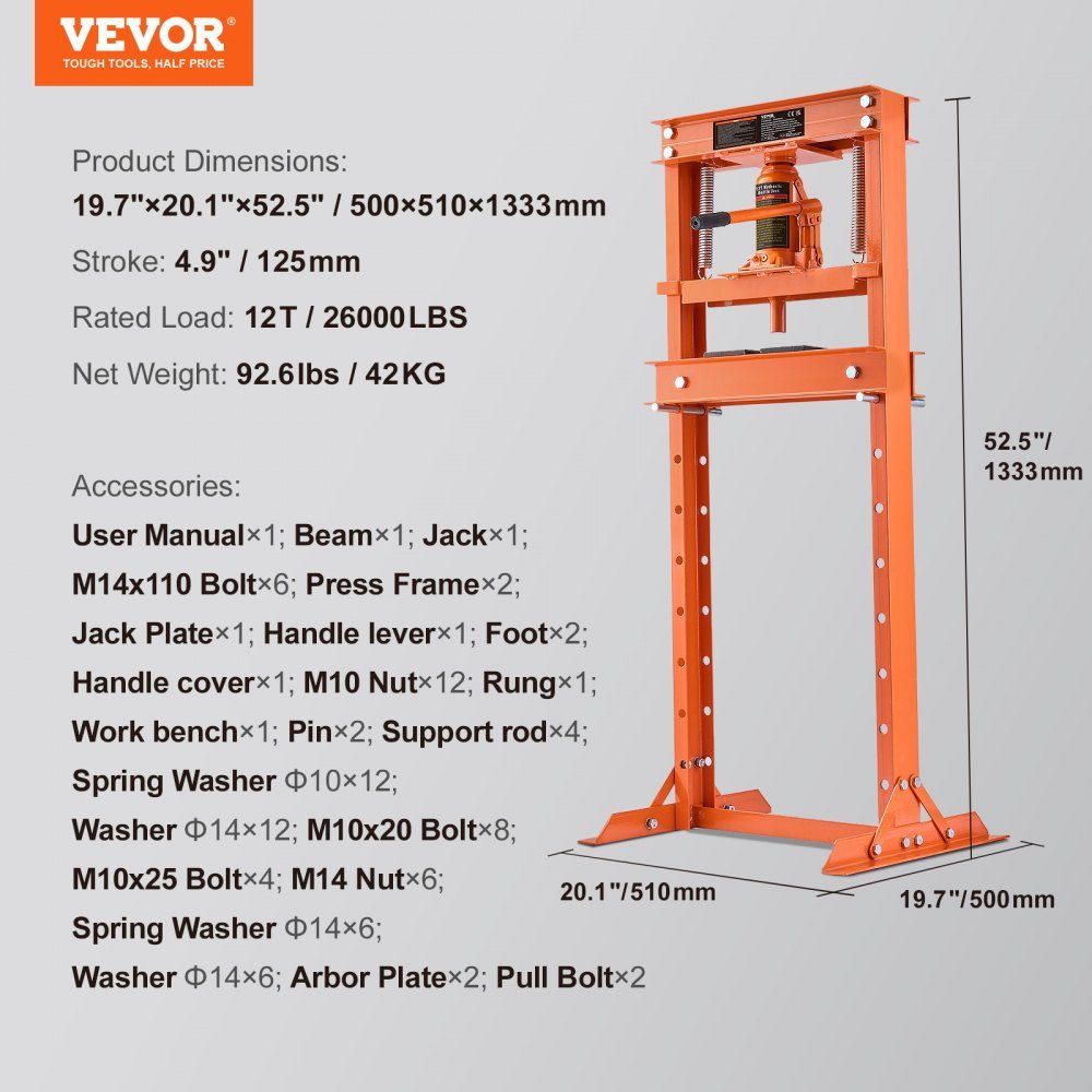 Workshop Press Hydraulic Press 12T Car Frame Press Orange 40-705mm Manual Bearing Press Carbon Steel Workshop Press for Car Bushings, Ball Joints, U-Joints etc