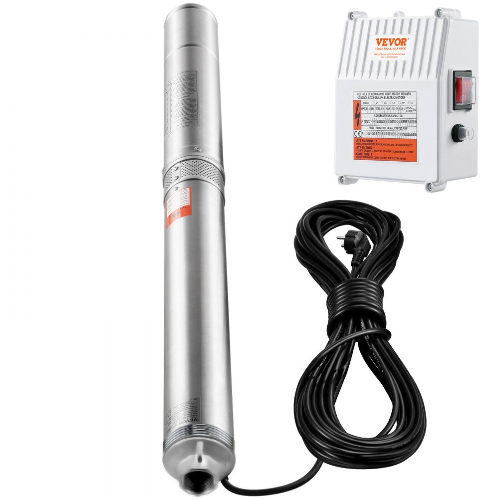Pompe submersible pour puits profond 1500 W 230 V 60 Hz 9,8 m3/h Tête de 108 m avec câble de 19,4 m et boîtier de commande externe Pompes à eau en acier inoxydable pour l'irrigation industrielle à usage domestique IP68 étanche – Réf. HT-24542