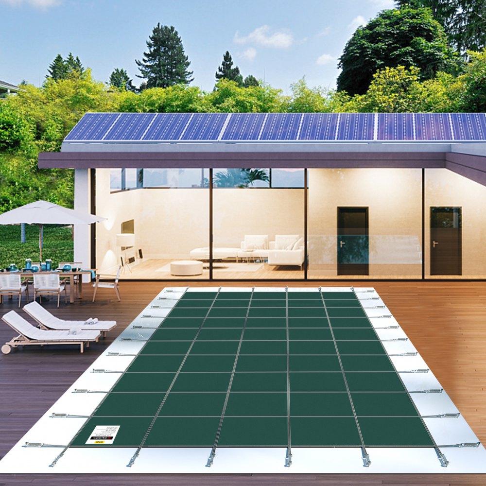 Pool tarpaulin, suitable for rectangular, in-ground pools (4.9 x 9.8 m), safety cover with drainage holes, opaque mesh cover for swimming pools, winter tarpaulin, green