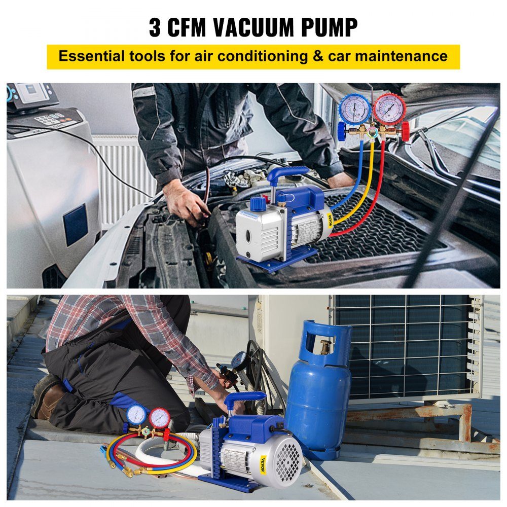 Pompe à vide vide à un étage 3CFM, pompe à vide 1/4 HP, pompe à vide 2 voies pour climatisation, pompe à vide 220 V, adaptée au liquide de refroidissement R12 R134a R22 R410a R404 R502