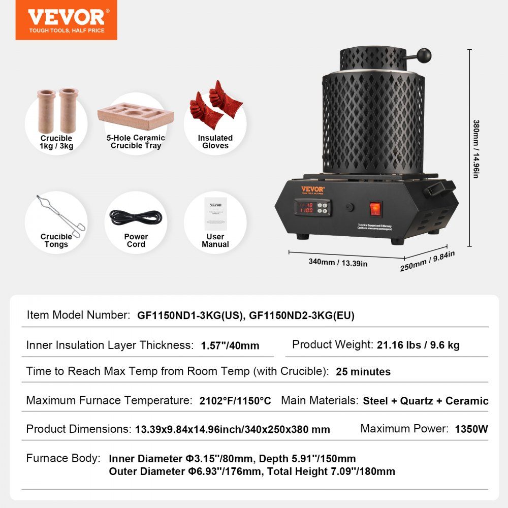 Gold Melting Furnace1350W 1150℃ Max Temperature Digital Electric Melting Furnace 1kg/3kg Ceramic Crucible with Crucible Tongs and Gloves for Processing Gold, Silver, Copper, Aluminum, Red