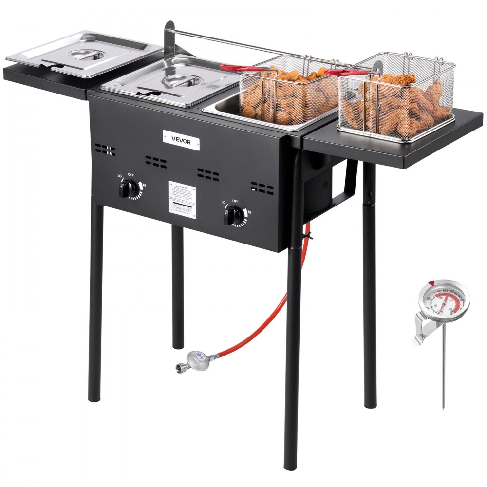 Friteuse commerciale d'extérieur au propane avec 2 réservoirs (9 L x 2), cuisinière en acier inoxydable avec plate-forme pliable, double panier et contrôle de la chaleur, friteuses autoportantes pour restaurants, snack-bars Friteuse commerciale d'extérieur au propane avec 2 réservoirs (9 L x 2), cuisinière en acier inoxydable avec plate-forme pliable, double panier et contrôle de la chaleur, friteuses autoportantes pour restaurants, snack-bars