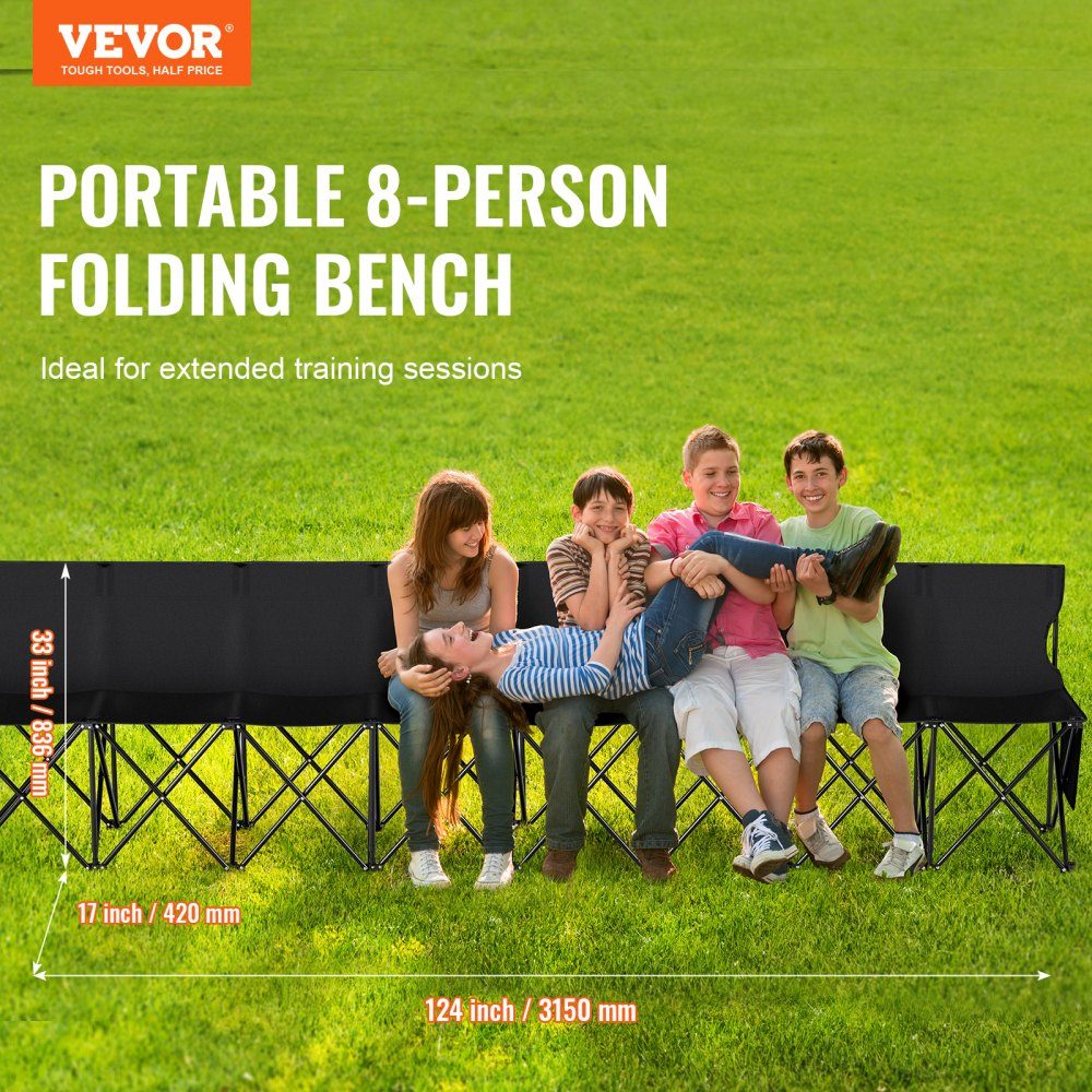 Portable Folding Bench 8 Seater Folding Side Bench Outdoor Camping Bench Chair with Carry Bag and Backrest Team Sports Side Bench for Football Fishing No Assembly Required Instant Sit Black