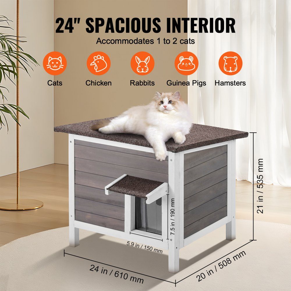 Outdoor Cat House Weatherproof Wild Cat Shelter for Multiple Cats Outdoor Wooden Cat Rabbit House Fully Foam Insulated Open Roof PVC Door Flaps 61 x 50 x 53 cm (L x W x H)