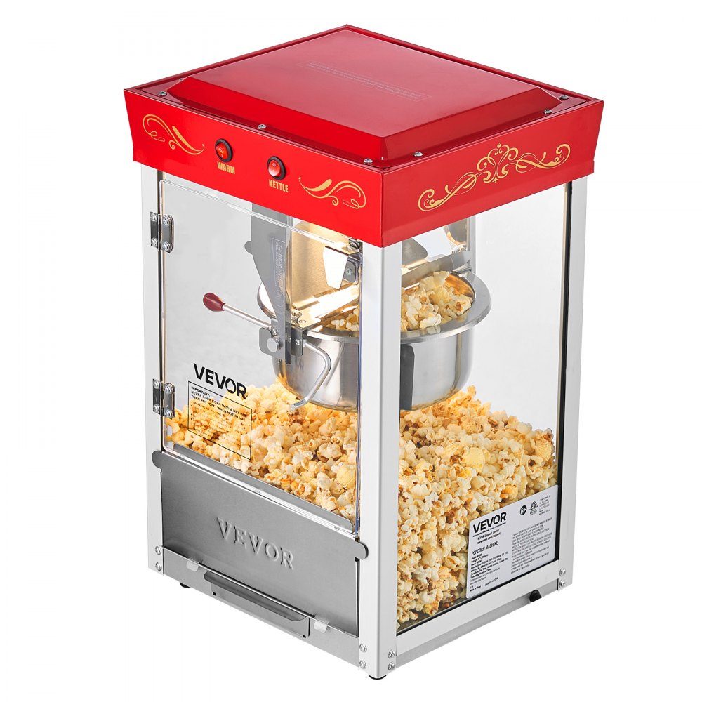 Popcorn Machine with Stainless Steel Boiler, 800W Commercial Popcorn Machine, 48 Cups per Load, Cinema Style, with 2 Button Control, Glass Wall, PC Door, 1 Scoop, 3 Spoons, Red