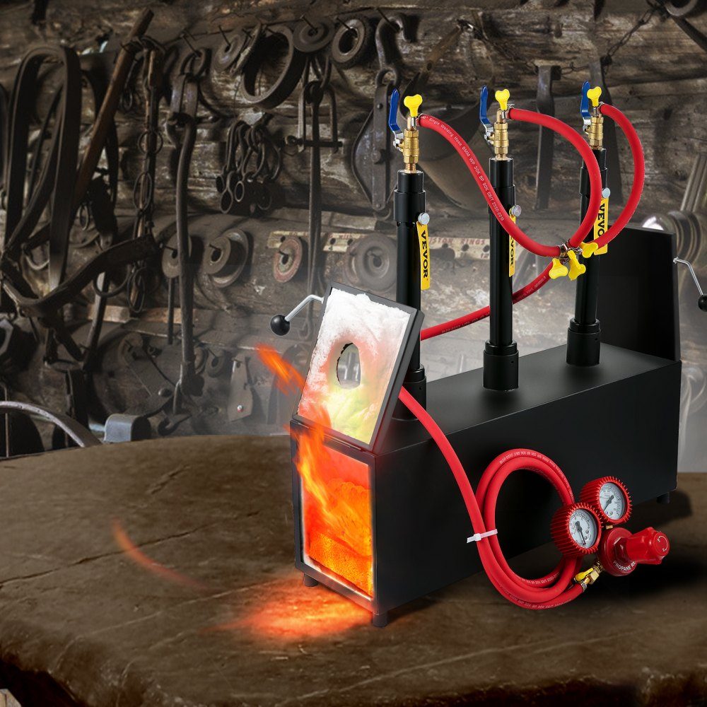 Gas-Schmiedeofen 1350 °C, Brenner-Schmiede 15 L, Schmiedeofen drei Brenner, zweitürige Auskleidung mit Aluminiumsilikatfaser, Metall-Schmiede max. Leistung 230,4 kWh / 786.000 BTU, Gasdruckregler