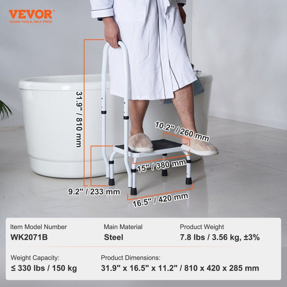Huishoudladder 810 x 417 x 285 mm, trap, opklapbaar, stalen trap, 1 trede, trap, draagvermogen 150 kg, opklapbare trede, enkele trap, 810 mm hoog, keukenladder, antislip opstapje