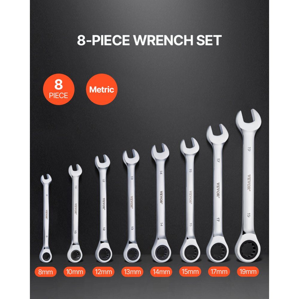 Wrench Set, 8 Piece Ratchet Wrench Set with Organizer Rack, Cr-V Steel Metric 8mm to 19mm Wrench Set, Ideal for General Car Repairs in Home, Garage, Workshop