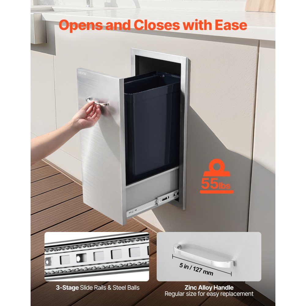 Trash Drawer for Outdoor Kitchen BBQ Kitchen Islands 344 x 498 x 655mm (W x D x H) Indoor Storage Multipurpose Stainless Steel Kitchen Drawers for Propane Gas Bottles Max 25kg (No Trash Cans)