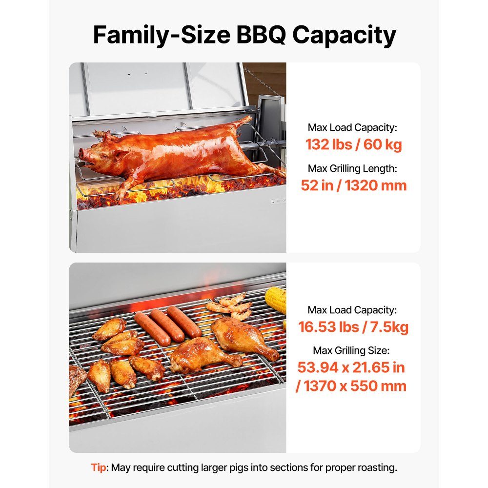 Drehspieß 38W Spanferkelgrill Lammgrill Holzkohlegrill (132cm Grilllänge) mit 60kg Belastbarkeit & Rollen & 4-fach Höhenverstellung & Deckel, Edelstahl Elektrogrill Set für Camping