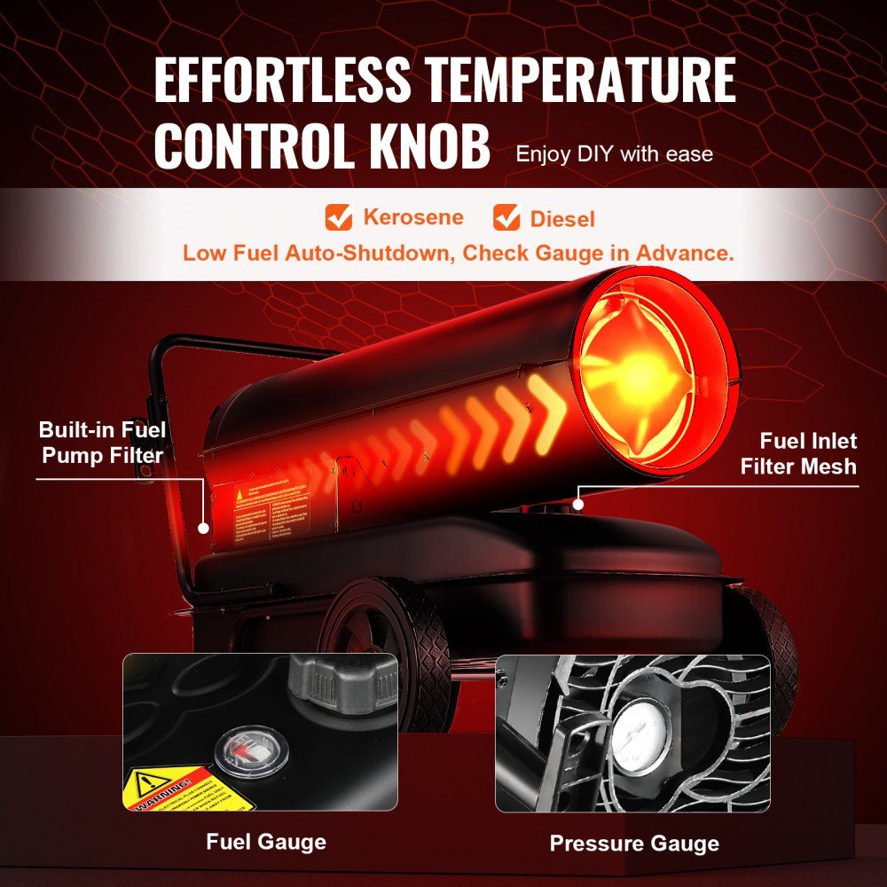 Kerosene/Diesel Hot Air Heater, 100,000 BTU Torpedo Space Heater, Portable with Thermostat Control, 38L Tank, Efficient Indoor Outdoor Kerosene Heater for Home, Construction Site, Industrial, Workshop, Black