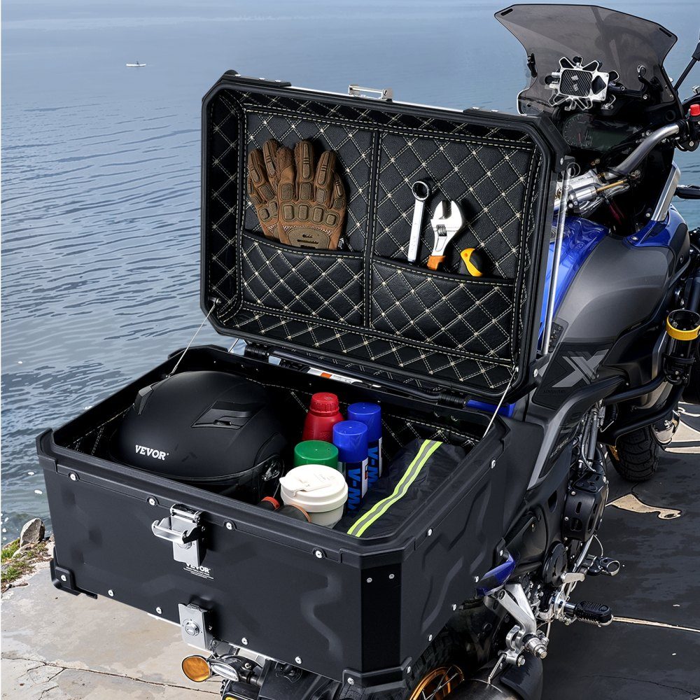 Motorcycle Top Box, Motorcycle Case, 65L, Aluminum Alloy Rear Box with Leather Lining, Removable Motorcycle Top Box with Lock and Back Pad, Helmet Case (565 x 500 x 380mm), Black