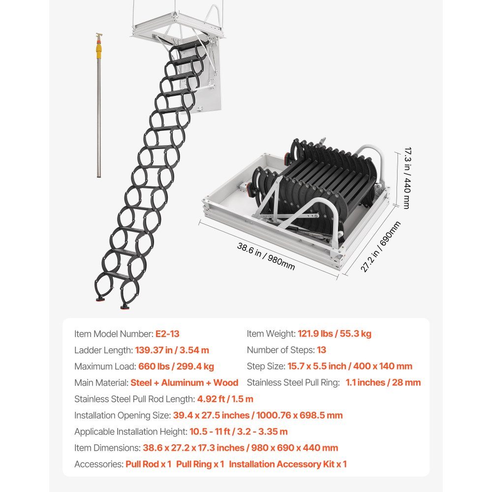 Dachbodenleiter, Tragfähigkeit 299,4 kg, geeignet für Deckenhöhen von 3,2–3,35 m und Öffnungsgröße von 1000,76 x 698,5 mm, ausziehbare Deckentreppe aus legiertem Stahl mit Zugstange für Dachboden