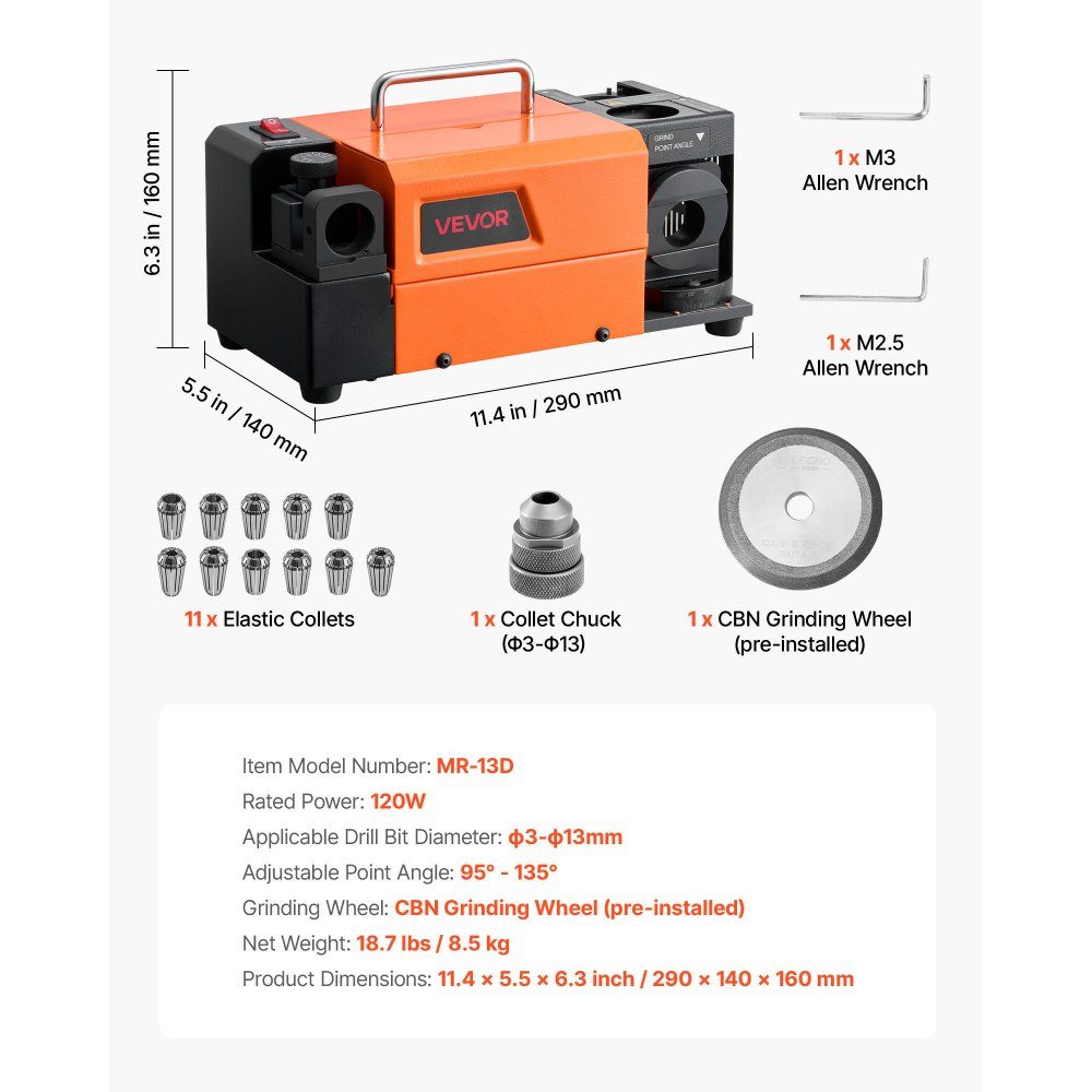 Bohrerschleifmaschine MR-13D, 3-13 mm, mit einstellbarem Schneidenfreiwinkel, vorderer Schneide und 95°-135° Spitzenwinkel, 4600 U/min, inkl. 11 Spannzangen und CBN-Schleifscheibe