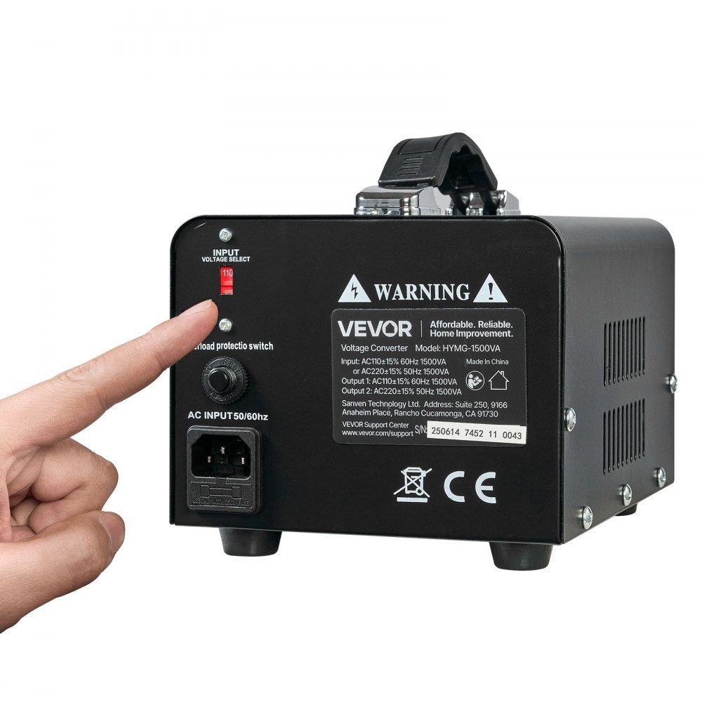 Voltage Converter Transformer, 1500VA step-up/step-down power transformer, 110V to 220V and 220V to 110V conversion, with US and EU sockets, power cord, circuit breaker