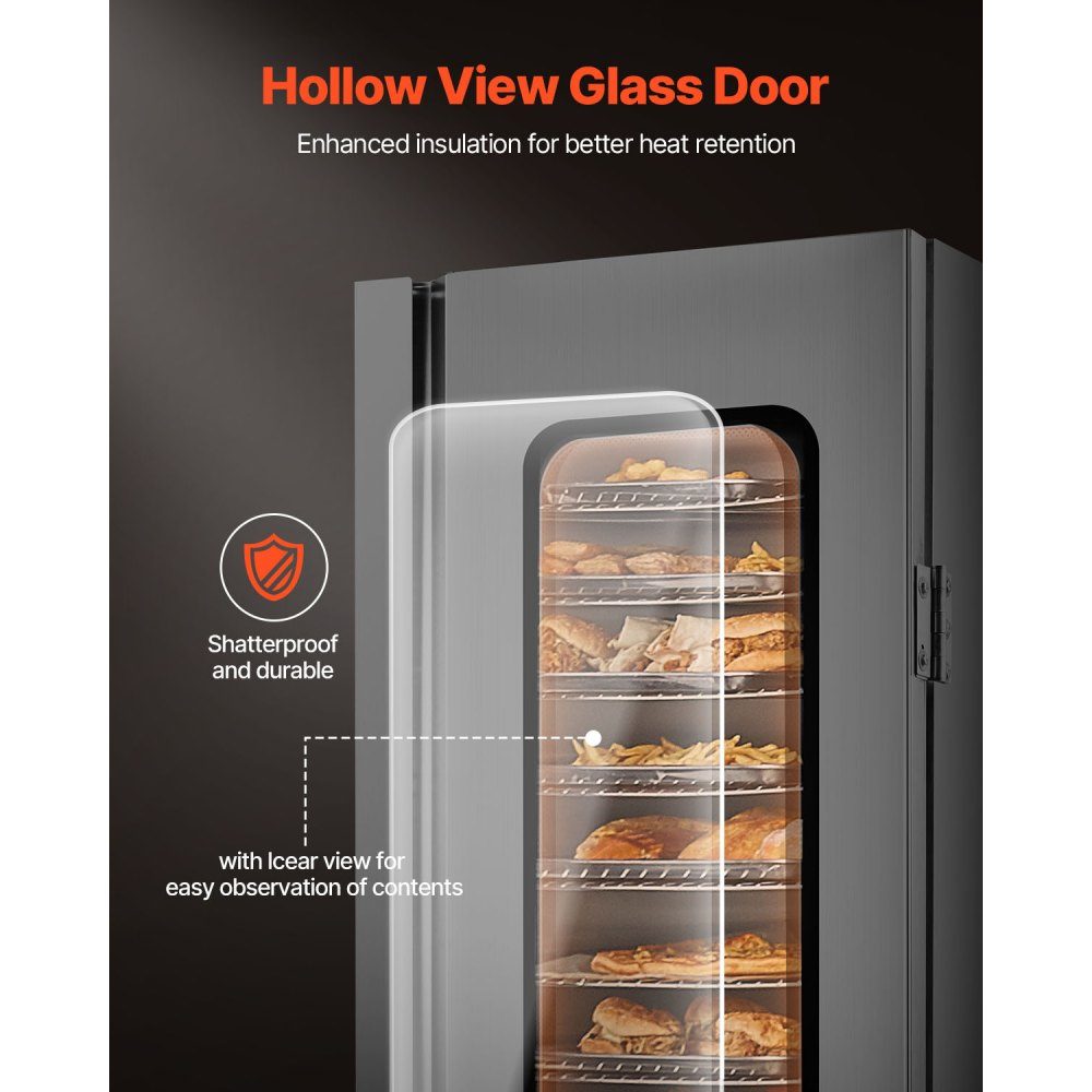 Réchauffeur de nourriture Hot Box, chauffe-collation à 16 niveaux, bol d'eau, porte en verre simple et étagères réglables, armoire chauffante en acier inoxydable, idéal pour conserver la pizza, le poulet