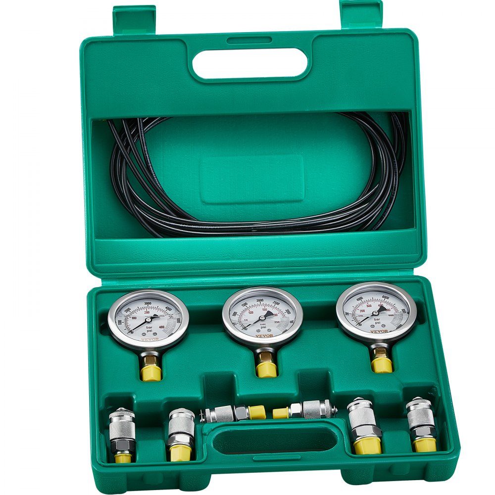 Hydraulic Pressure Test Kit, 250/400/600 Bar, 3 Gauges, 6 Test Couplings, 3 Test Hoses, Excavator Hydraulic Test Gauge Set with Portable Carry Bag for Excavators, Tractors, Construction Machinery