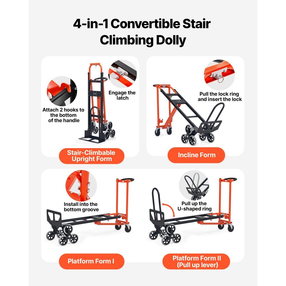 3-in-1 stair truck, sack truck max. load capacity 350 kg, folding transport trolley with handle & wheels, stair climber transport trolley, stacking trolley, stair climber trolley, orange & silver