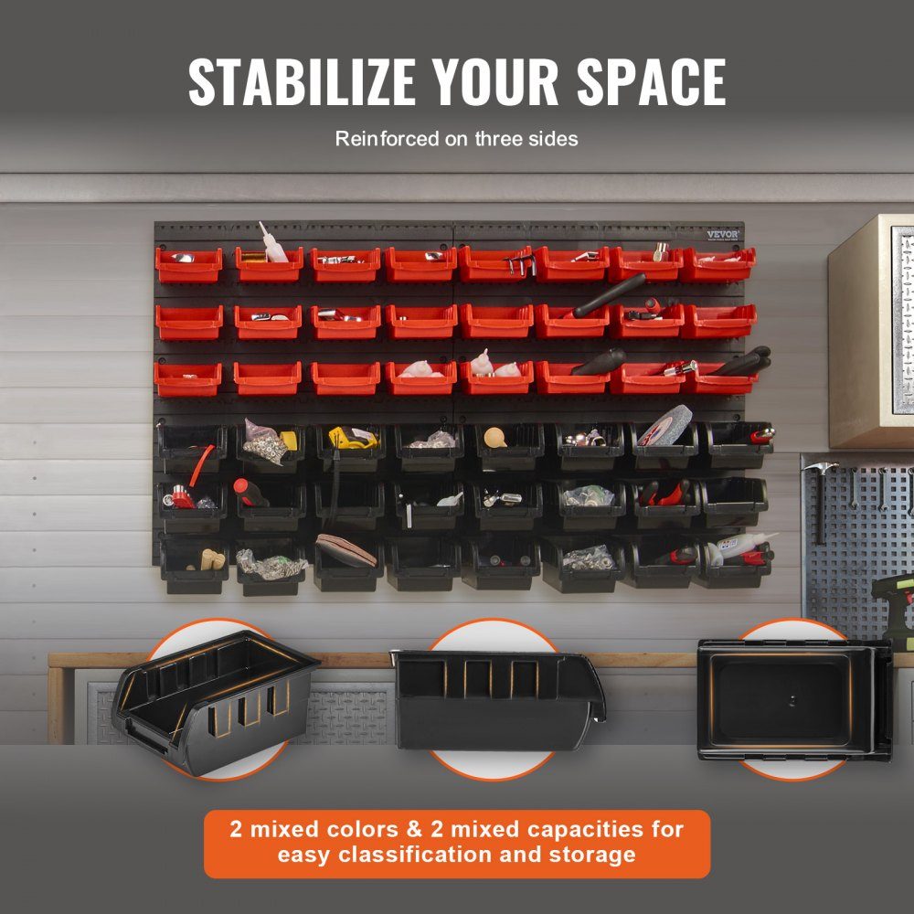 Stacking Boxes, 48 ​​Container Parts Shelf Organizer for Garage, Plastic Shop Tool with Wall Panels, Tool Organizer for Nuts, Bolts, Screws, Nails, Beads, Buttons, Black and Red