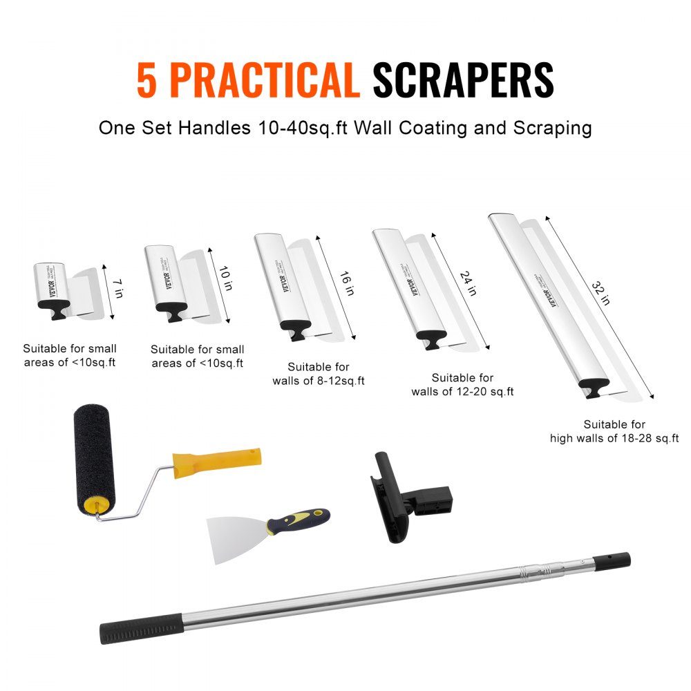 Ensemble de lames de spatule pour cloisons sèches, lames de spatule 178/254/356/406/610 mm + barre de poignée d'extension 862-2072 mm, couteau en acier inoxydable, outils de spatule pour plaques de plâtre/plaques murales/plaques de plâtre