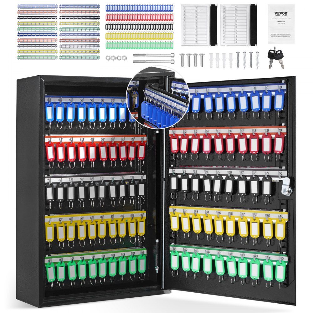 Schlüsselschrank, Schlüsselkasten, 200 Schlüssel, schwarzer Schlüsselkasten, Schlüsseltresor, verstellbarer, abschließbarer Schlüsselschrank mit 20 Schlüsselhaltern, 2 Schlüsseln und 4 Karteikarten