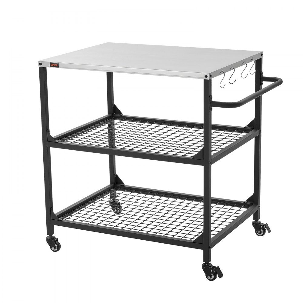 Chariot barbecue extérieur 80 x 61 cm (taille plateau table), table barbecue roulante avec poignée latérale & 2 étagères grillagées & 4 roulettes, table de préparation barbecue, chariot de service pour pique-nique, cuisine, jardin