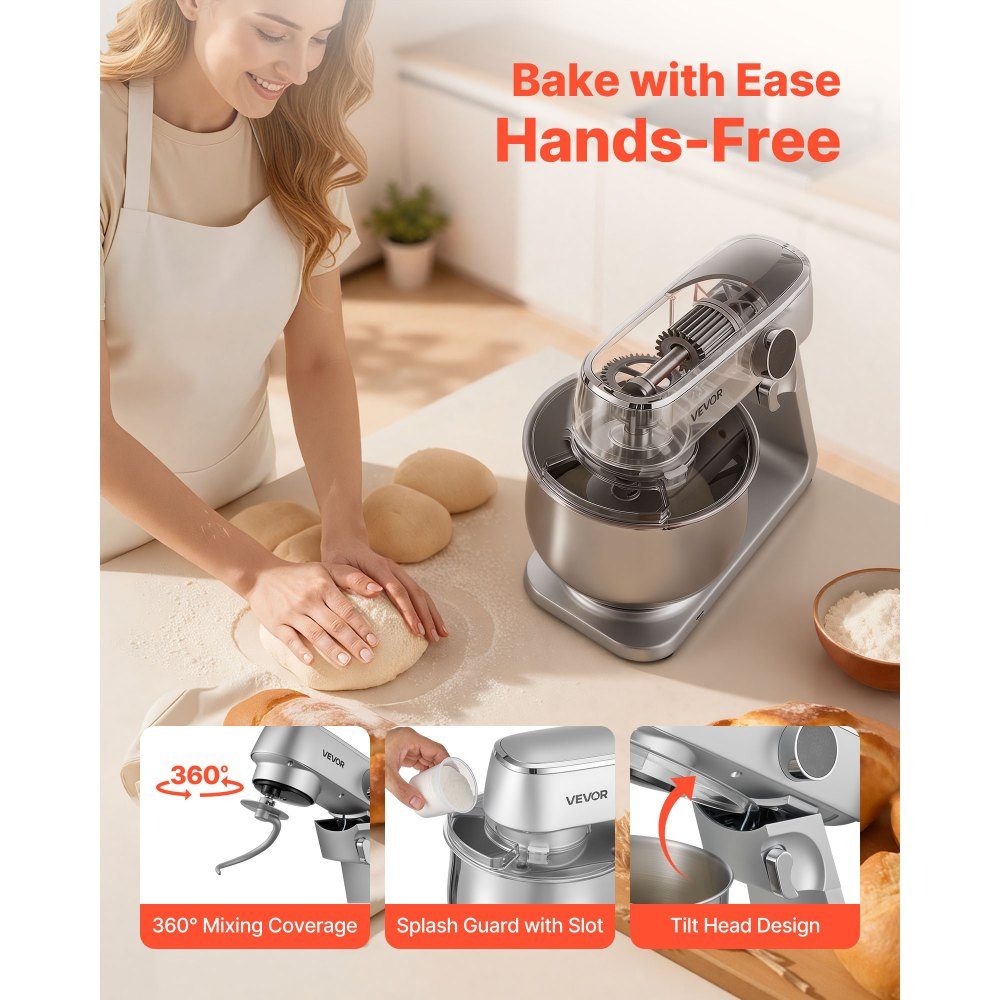 Kneading machine, food processor for baking, 1800 W dough machine with stainless steel bowls (7.4 l) and dough hook, beater and whisk, 10-way adjustable tilt mixer, stand mixer