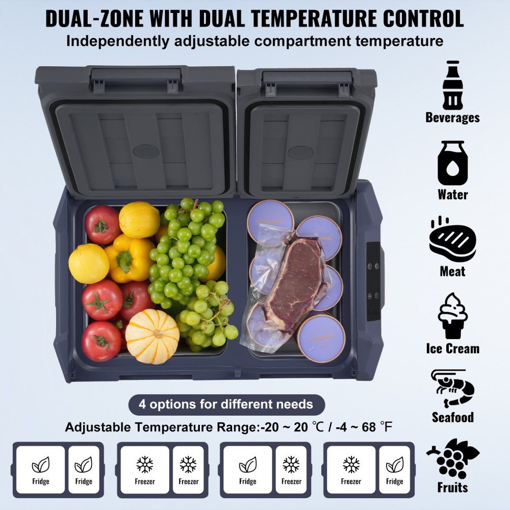 Autokühlschrank, 12-V-Autokühlschrank, tragbarer 32-L-Zweizonen-Gefrierschrank, einstellbarer Bereich von -4℉ bis 68℉, 12/24V DC und 100-240V AC Kompressorkühler für Outdoor, Camping, Wohnmobil
