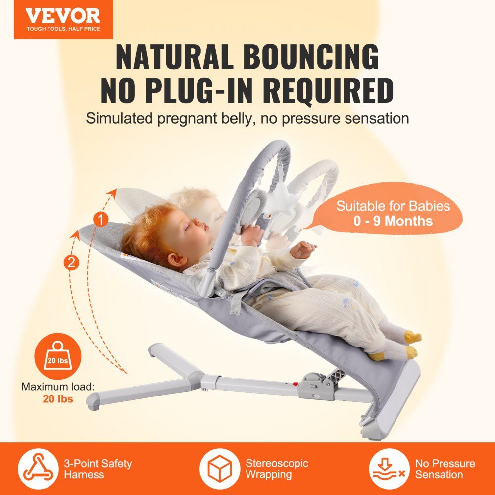 Berceuse pour bébé, balançoire pliante pour bébés de 0 à 9 mois, chaise à bascule avec 2 angles d'inclinaison et barre de jeu rotative, balançoire pour bébé avec sac de voyage pour l'intérieur et l'extérieur, 685x410x600mm