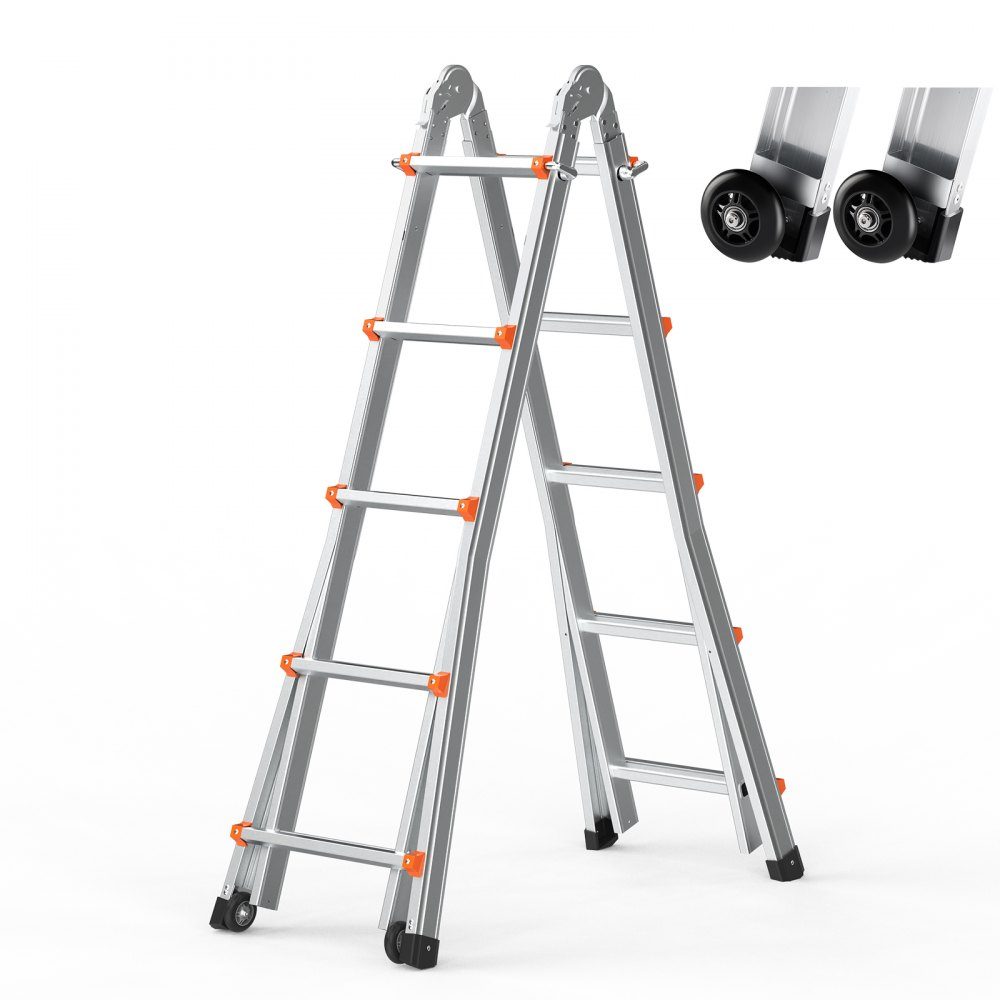 Telescopic A-Frame Ladder 5120mm Compact Aluminum Extension Ladder Multifunctional Folding RV Ladder for Homework Stairs Indoor Outdoor Roofs 150kg Load Capacity