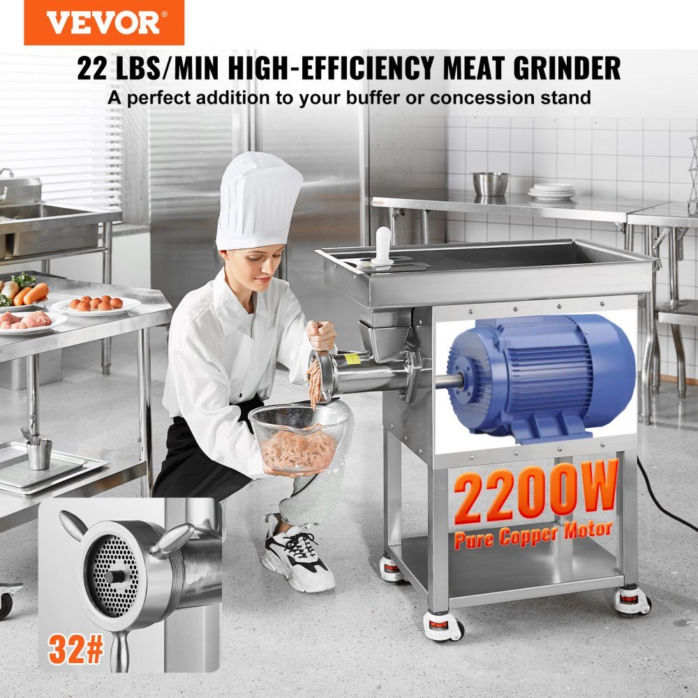 Commercial Meat Grinder 9.98kg/min Electric Meat Grinder 2200W with Blades and Grinding Plates Sausage Machine Commercial Stainless Steel Meat Grinder for Kitchen Restaurant Butcher Shop