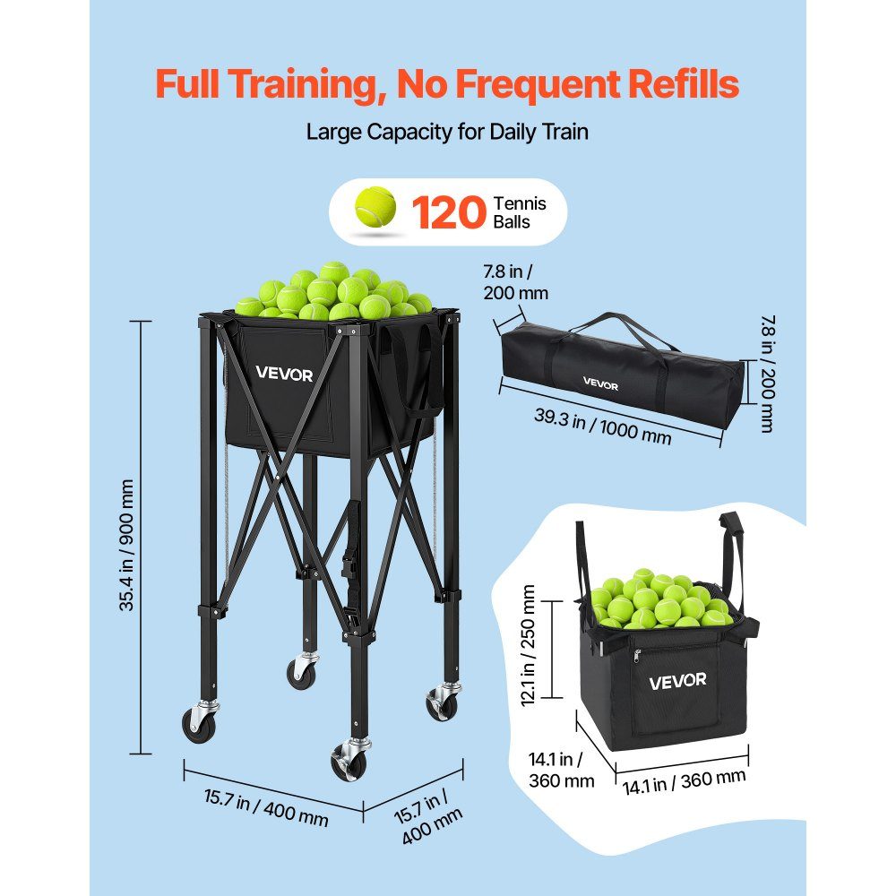 Tennisballwagen faltbar, Tennisballkorb für 120 Tennisbälle, faltbarer Ballwagen mit Rahmen aus Aluminiumlegierung und Tragetasche, mobiler Ballkorb mit Rädern zur Trainingsaufbewahrung, Schwarz
