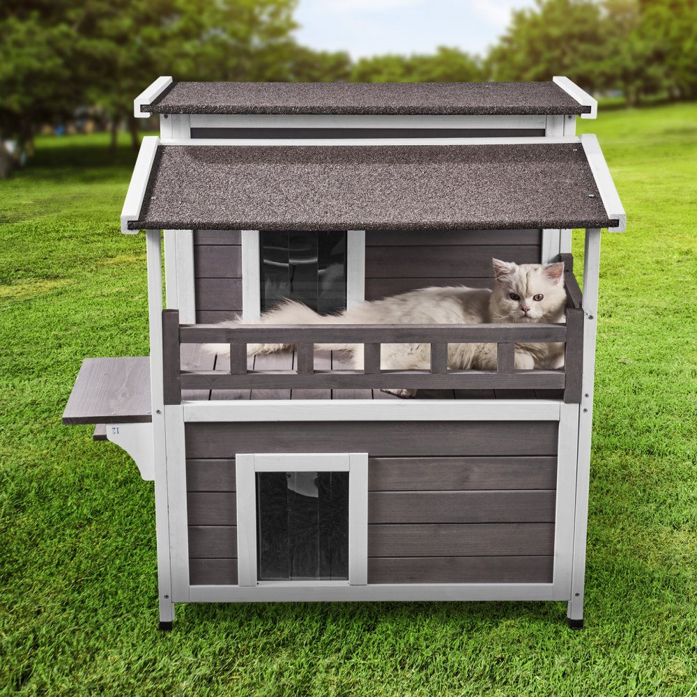 Katzenhaus für den Außenbereich, wetterfest, Unterschlupf für Wildkatzen für mehrere Katzen, großes 2-stöckiges Katzenhaus aus Holz für den Außenbereich mit Balkon, Türen, PVC-Türklappen und offenem Dach, 76,2 cm L x 76,2 cm B x 81,3 cm H