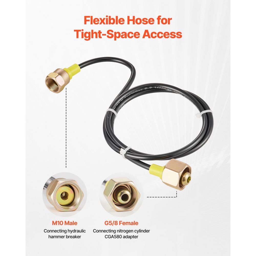 Hydraulisches Stickstoffspeicher-Ladeset, 0–1420 PSI Stickstofffüllset, Druckprüfsystem mit 1 Manometer, 1 Gasschlauch, 1 Ventilkörper und 1 CGA580-Adapter für Baumaschinen