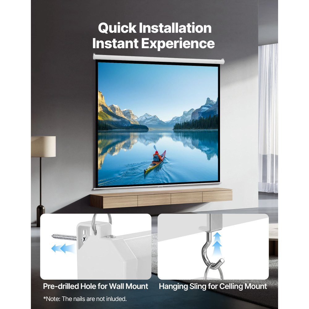 Manual Projection Screen, 120 Inch 1:1 4K 1080 HD Retractable Projection Screen, Wall Mounted Movie Projection with Pull Rope, Portable Rolling Screen Home Theater