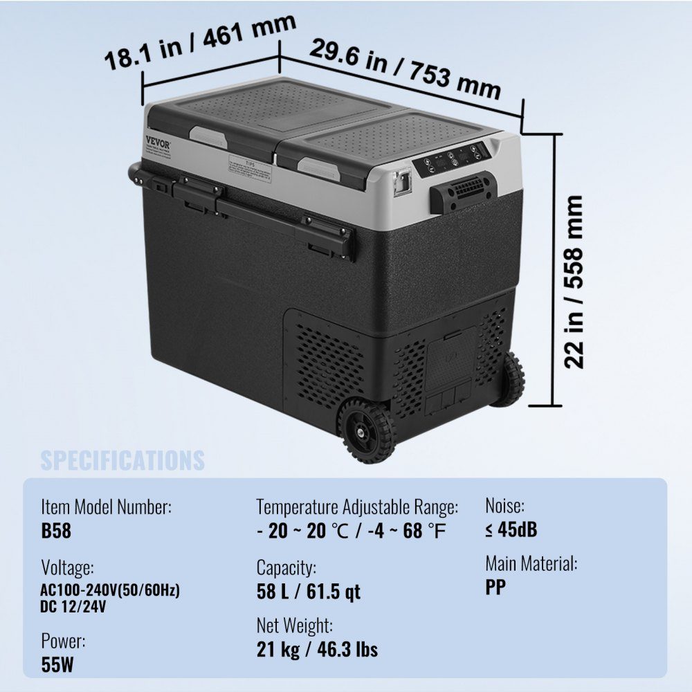 Portable Car Fridge, 12V Car Fridge, 58L/61.5QT Portable Dual Zone Freezer, -20°C to 20°C Adjustable Temperature, Compressor Cooler for Home, Outdoor, Camping