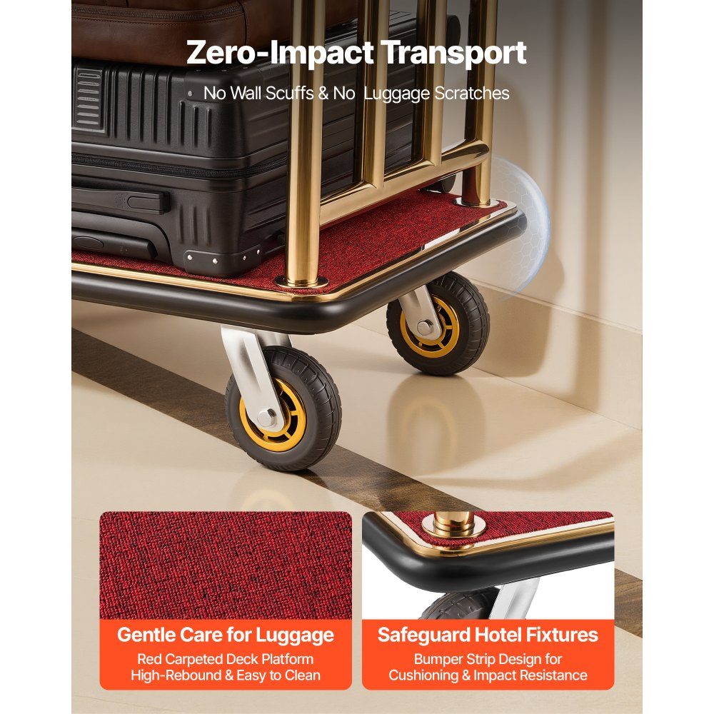 Stainless Steel Hotel Luggage Cart, 800lb Heavy Duty Luggage Cart with 6" Rubber Wheels, Red Carpet Hotel Cart, Commercial Platform Cart for Hotels, Vacation Rentals, Resorts, Gold
