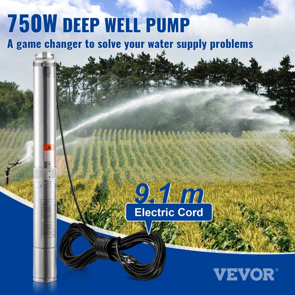 Deep Well Submersible Pump, 750W, 230V, 60Hz, 7.1m³/h Max Flow, 75m Max Head, with 9.1m Power Cable, Stainless Steel Water Pump for Industrial, Irrigation and Home Use, Water Rating IP68