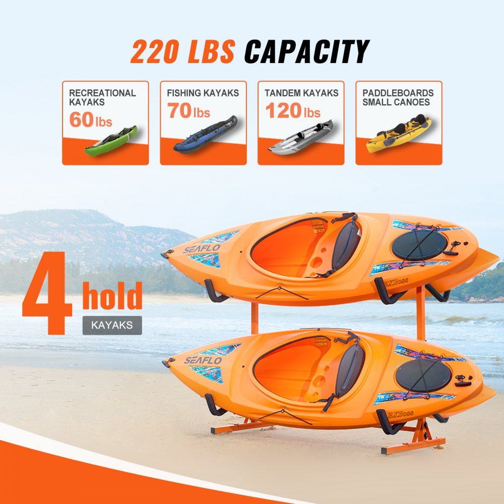 Kayak Holder, Kayak Hanger 1260 x 1070 x 1375mm, Freestanding Kayak Stand 4 Kayaks 1230-1825mm Width Adjustment Range, Kayak Storage Rack, Heavy Duty Kayak Storage Hooks