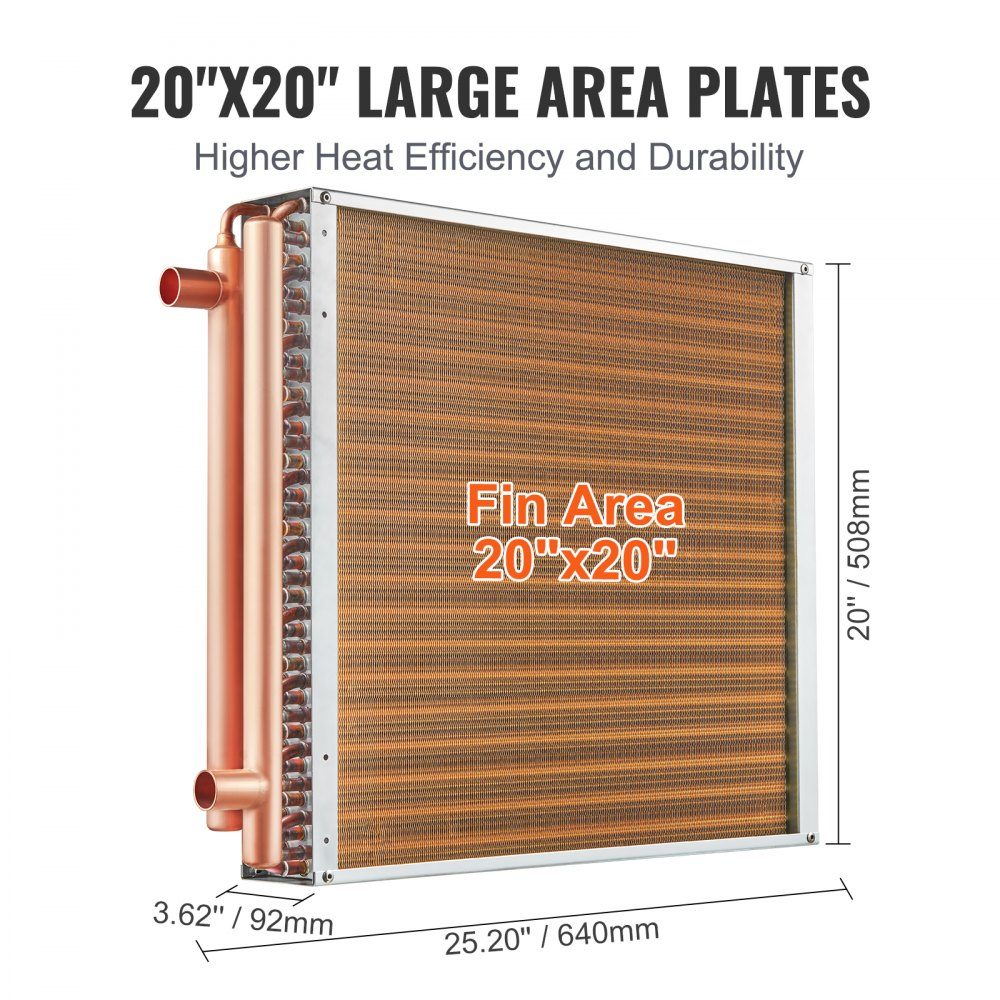 Wymiennik ciepła woda-powietrze 20" x 20" z 3 rzędami miedzianych przyłączy 9,53 mm, wymiennik ciepła z aluminiowymi lamelami 242 do pieców na drewno, ogrzewania i chłodzenia budynków mieszkalnych oraz ogrzewania z wymuszonym obiegiem powietrza