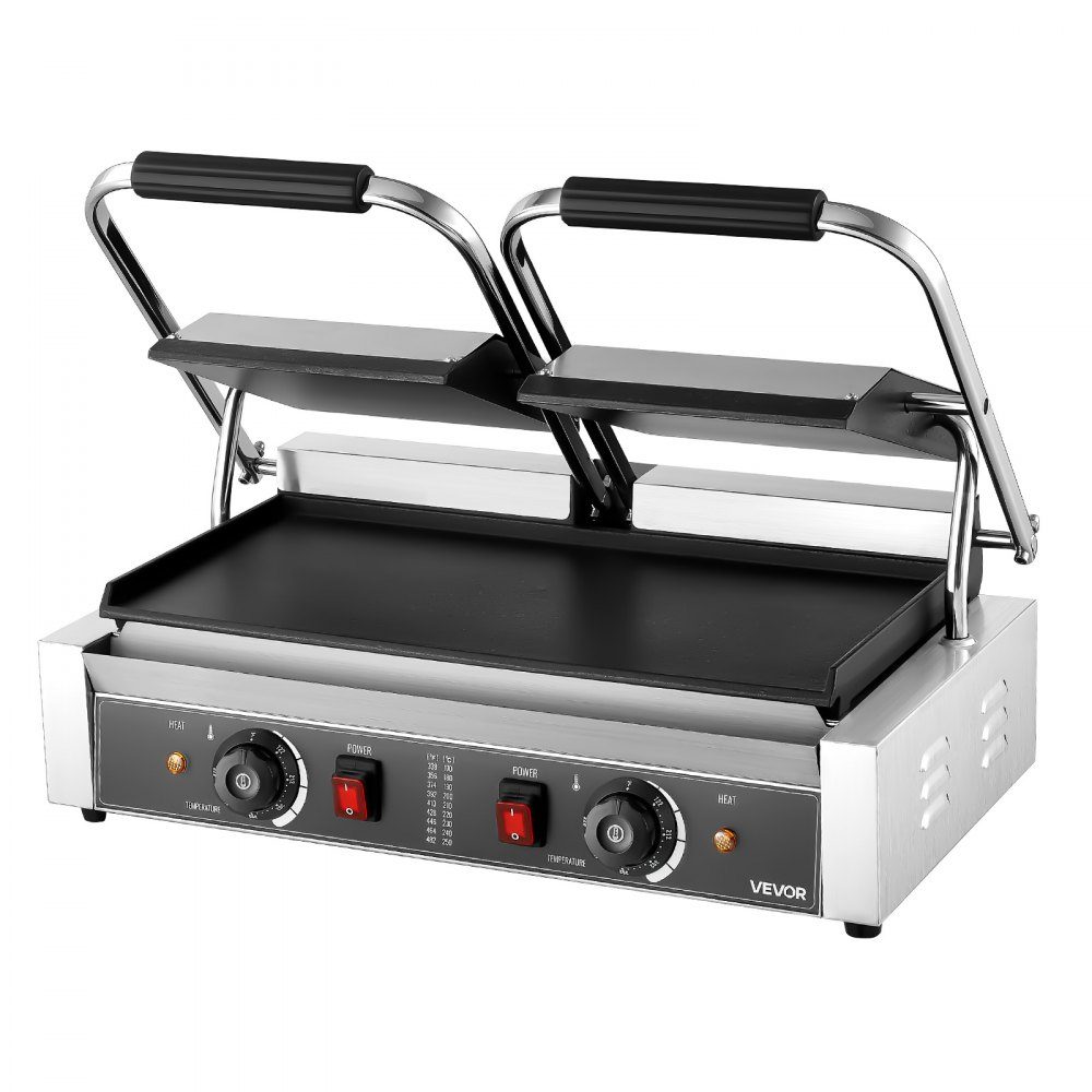 Gewerblicher Kontaktgrill 3600 W Elektrogrill Sandwichmaker (doppelte Backplatten) Paninipresse aus Edelstahl mit Temperaturregelung, 48 x 23 cm flache Emailleplatte, für Hamburger-Steak-Speck