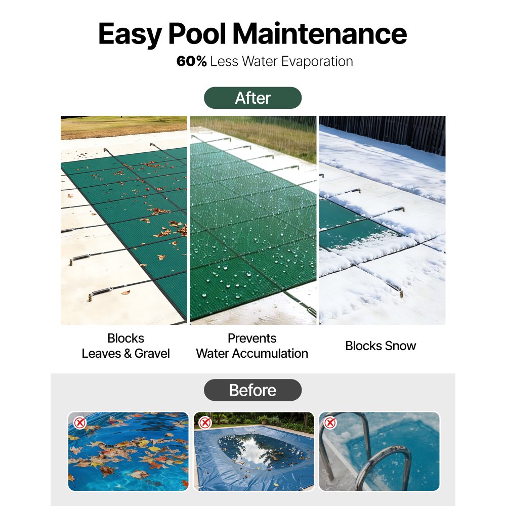 Pool tarpaulin, suitable for rectangular, in-ground pools (4.9 x 9.8 m), safety cover with drainage holes, opaque mesh cover for swimming pools, winter tarpaulin, green