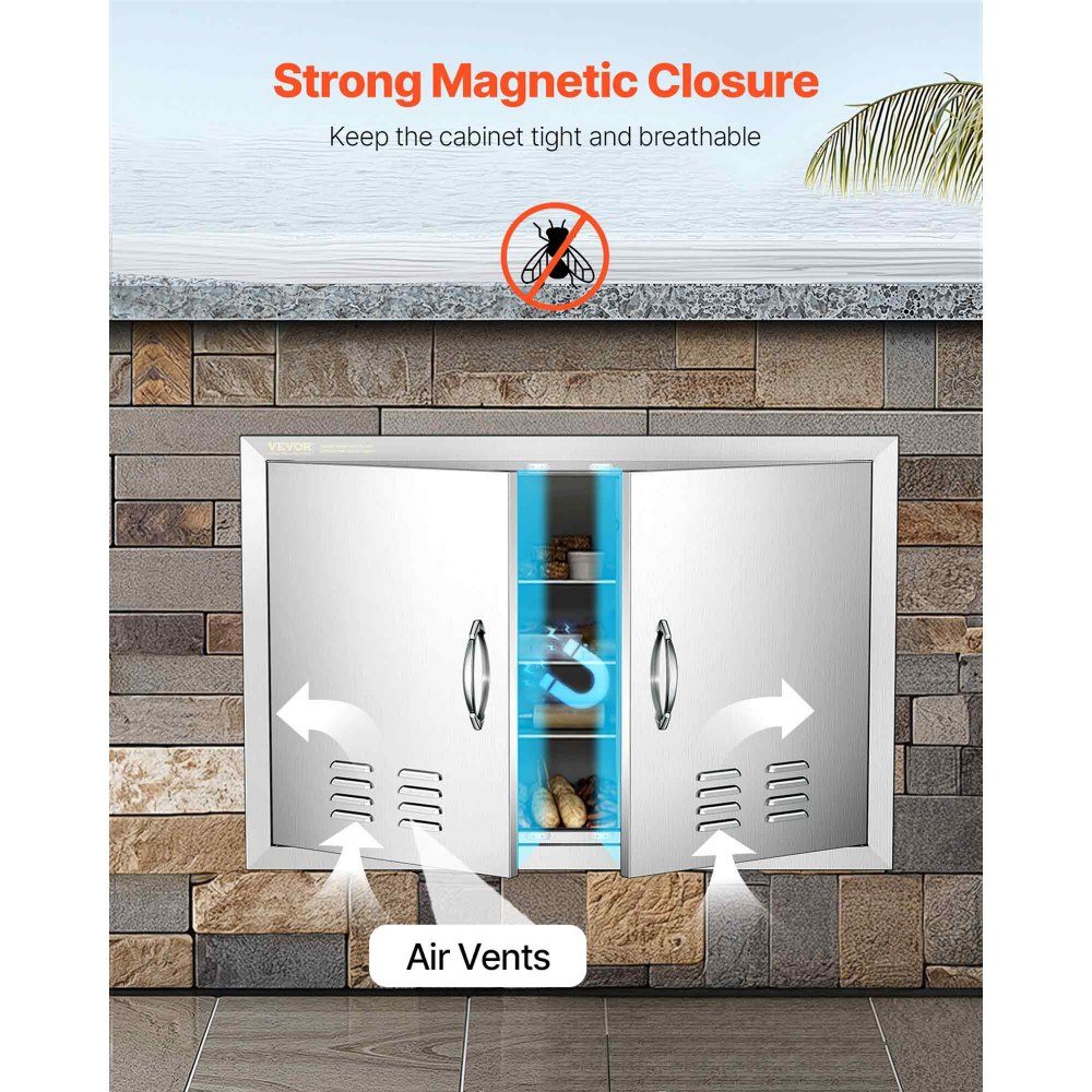 Grill Access Door 762x533mm Double Outdoor Kitchen Door Flush Mount Stainless Steel Door Vertical Wall Door with Handles and Vents for Grill Island Grill Station Outdoor Cabinet