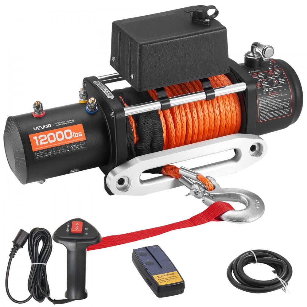 Wciągarka elektryczna, wciągarka samochodowa 5400 kg 12 V DC z liną syntetyczną Φ9,1 mm x 23 m, pilot bezprzewodowy i przewodowy, stopień ochrony IP55 do holowania SUV-ów, jeepów, przyczep i łodzi Wciągarka elektryczna, wciągarka samochodowa 5400 kg 12 V DC z liną syntetyczną Φ9,1 mm x 23 m, pilot bezprzewodowy i przewodowy, stopień ochrony IP55 do holowania SUV-ów, jeepów, przyczep i łodzi