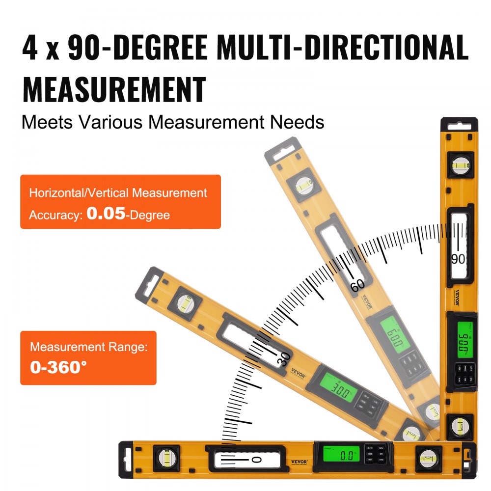 Digitaler Neigungssensor, Aluminium-Wasserwaage mit LCD-Bildschirm, 600 mm Länge, 3 Stufen, Messbereich von 0–360° (4 x 90°), 0,5 mm/m Genauigkeit, Speicheraufzeichnung und Haltefunktion Digitaler Neigungssensor, Aluminium-Wasserwaage mit LCD-Bildschirm, 600 mm Länge, 3 Stufen, Messbereich von 0–360° (4 x 90°), 0,5 mm/m Genauigkeit, Speicheraufzeichnung und Haltefunktion