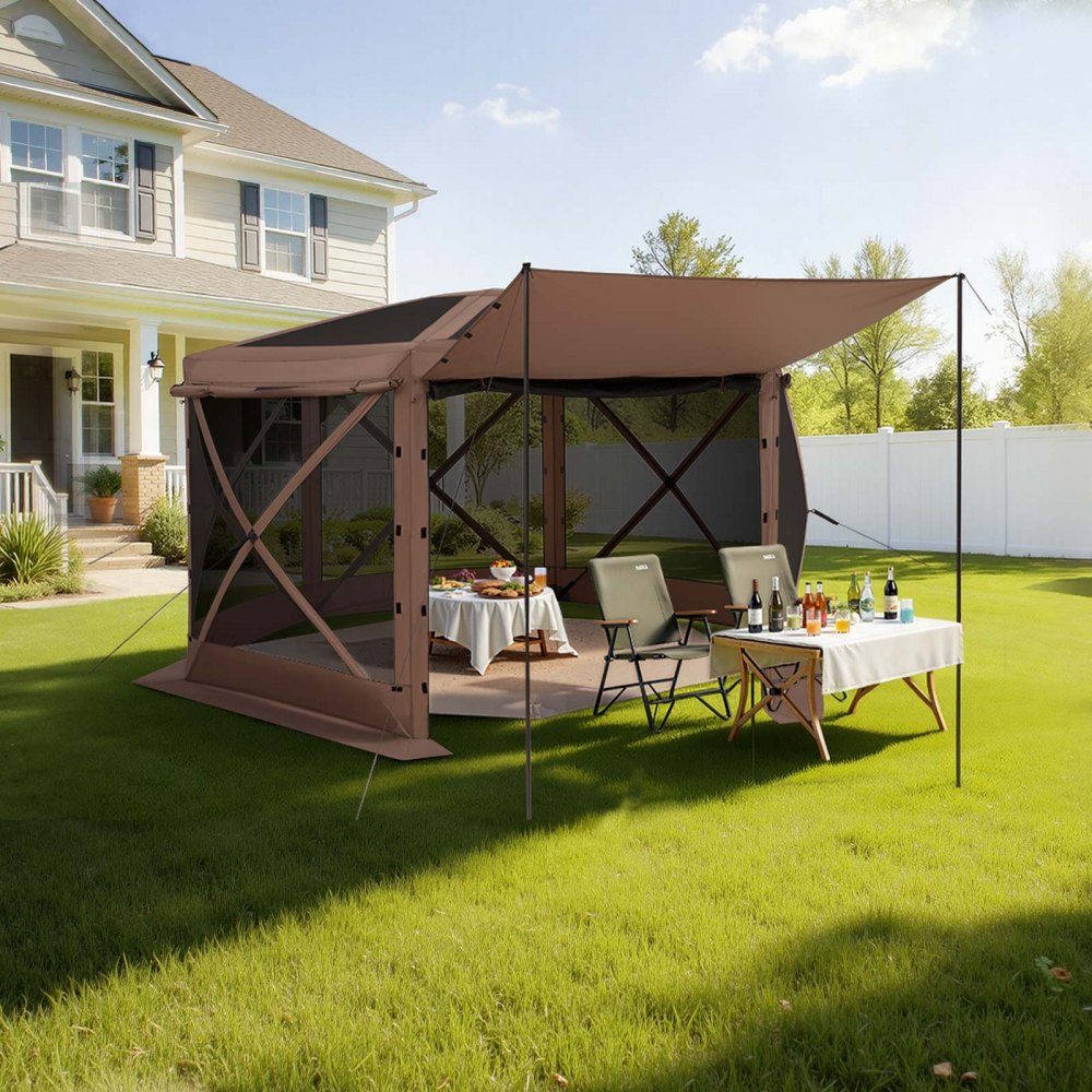Tonnelle escamotable 3,6 m x 3,6 m, tente de camping à 6 côtés avec toit amovible et sac de transport, pare-soleil pour 8 à 10 personnes, tente de fête pour jardin, terrasse, marron