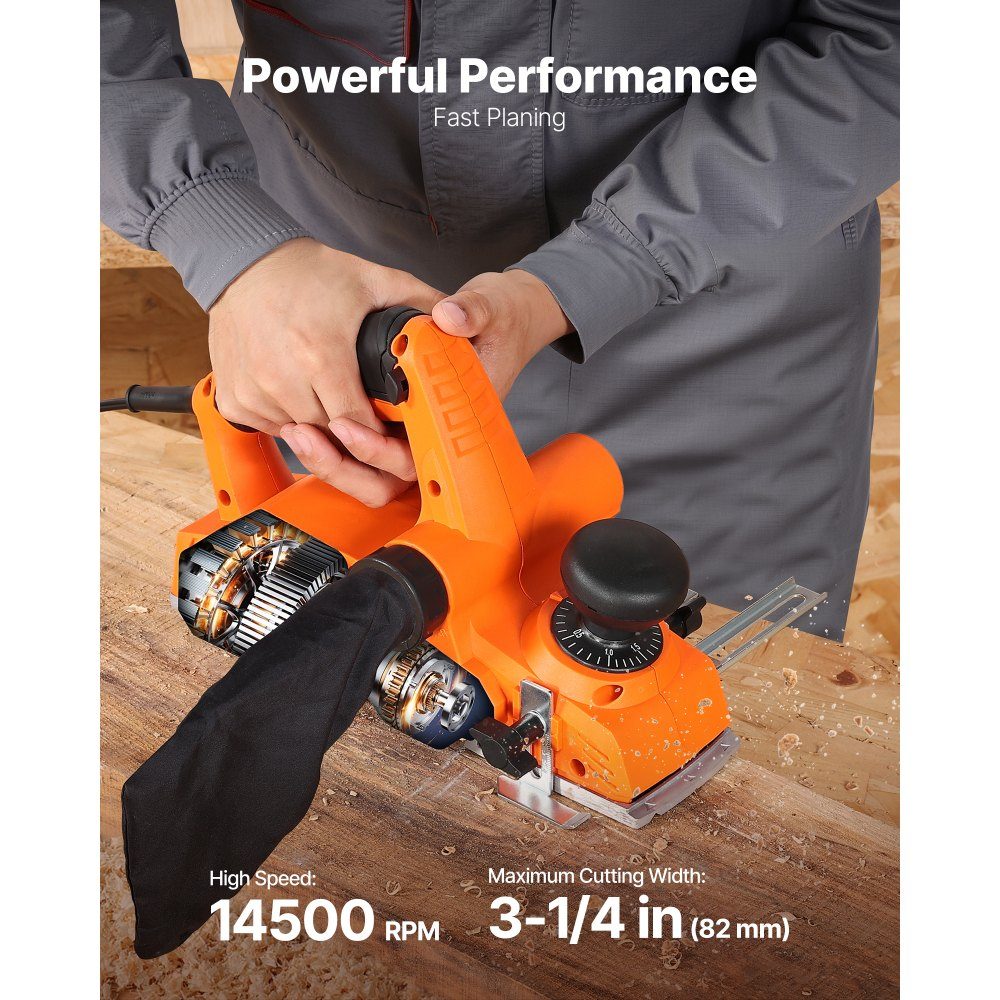 Raboteuse électrique 82 mm Largeur de coupe 900 W 14500 RPM Raboteuse à main pour bois avec profondeur de coupe réglable 2 lames pour le travail du bois Chanfreinage du bois Raboteuse DIY