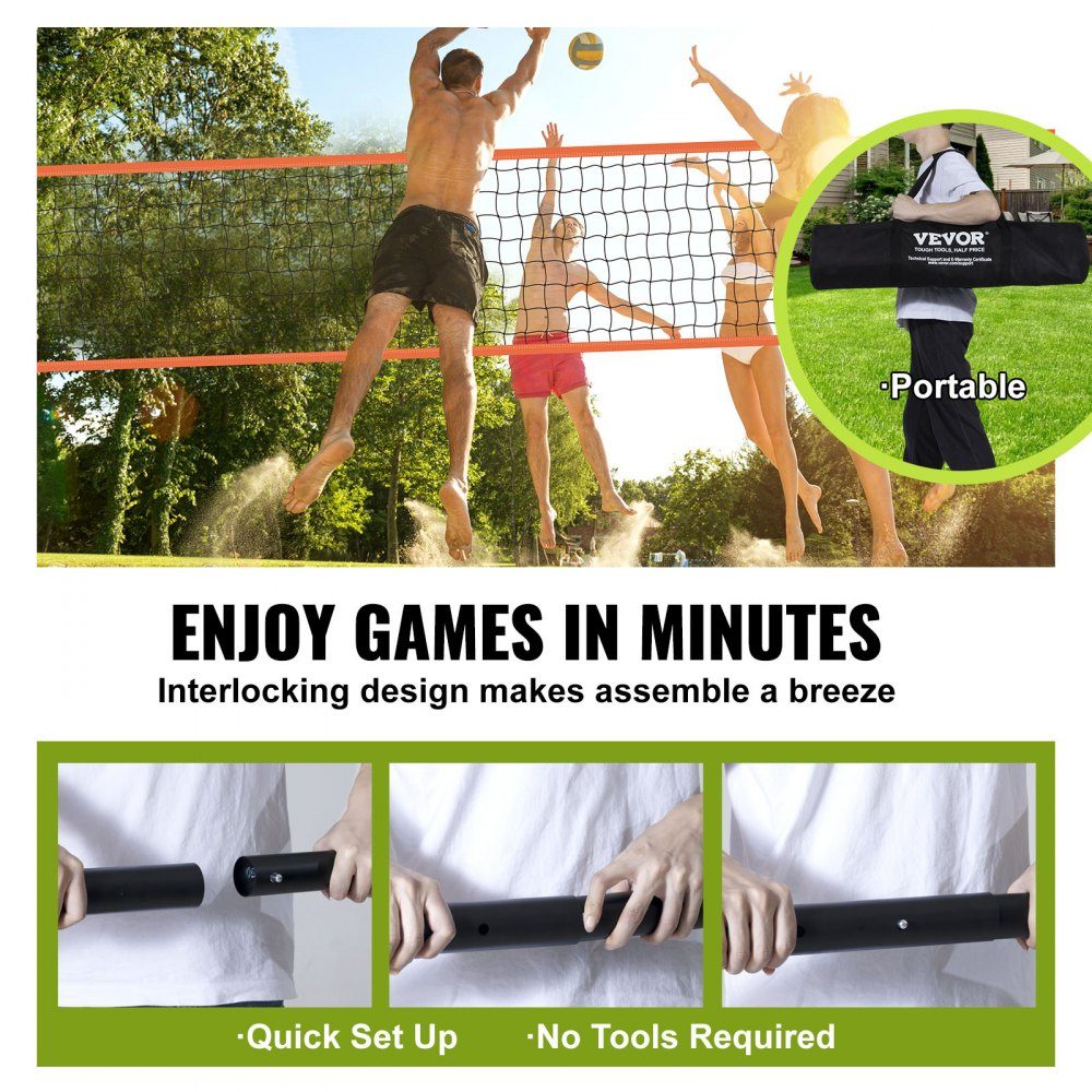 Volleyball Net Height Adjustable Volleyball Net Set, 9.7x2.4m Portable Beach Volleyball Net, Orange Volleyball Net, Foldable Volleyball Net with Volleyball & Carry Bag, for Garden, Beach