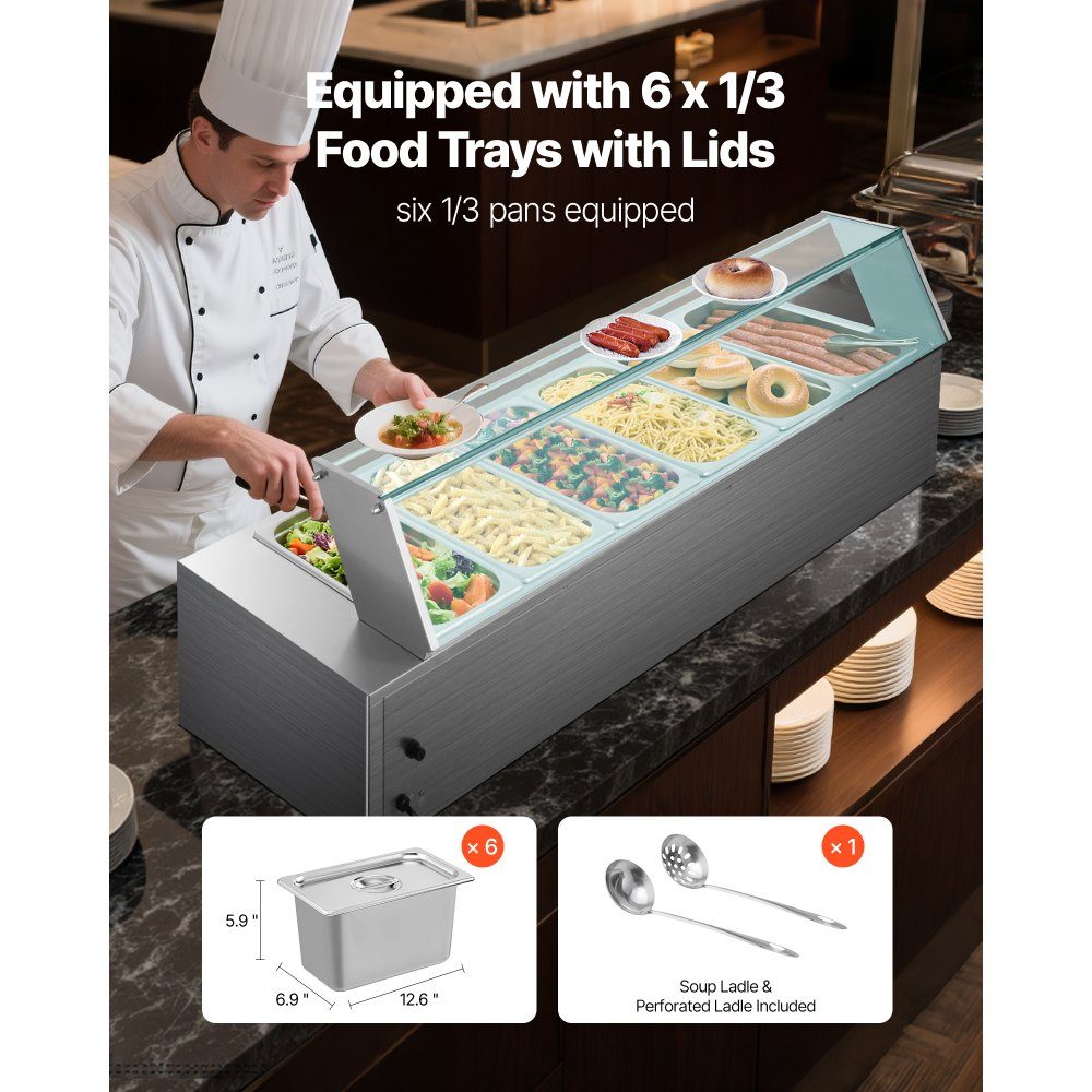 Commercial Food Warmer (6 Size 1/3 Containers), 1.5KW Stainless Steel Electric Warming Container with Glass Cover and Soup Ladle, Chafing Dishes for Catering Restaurant Parties