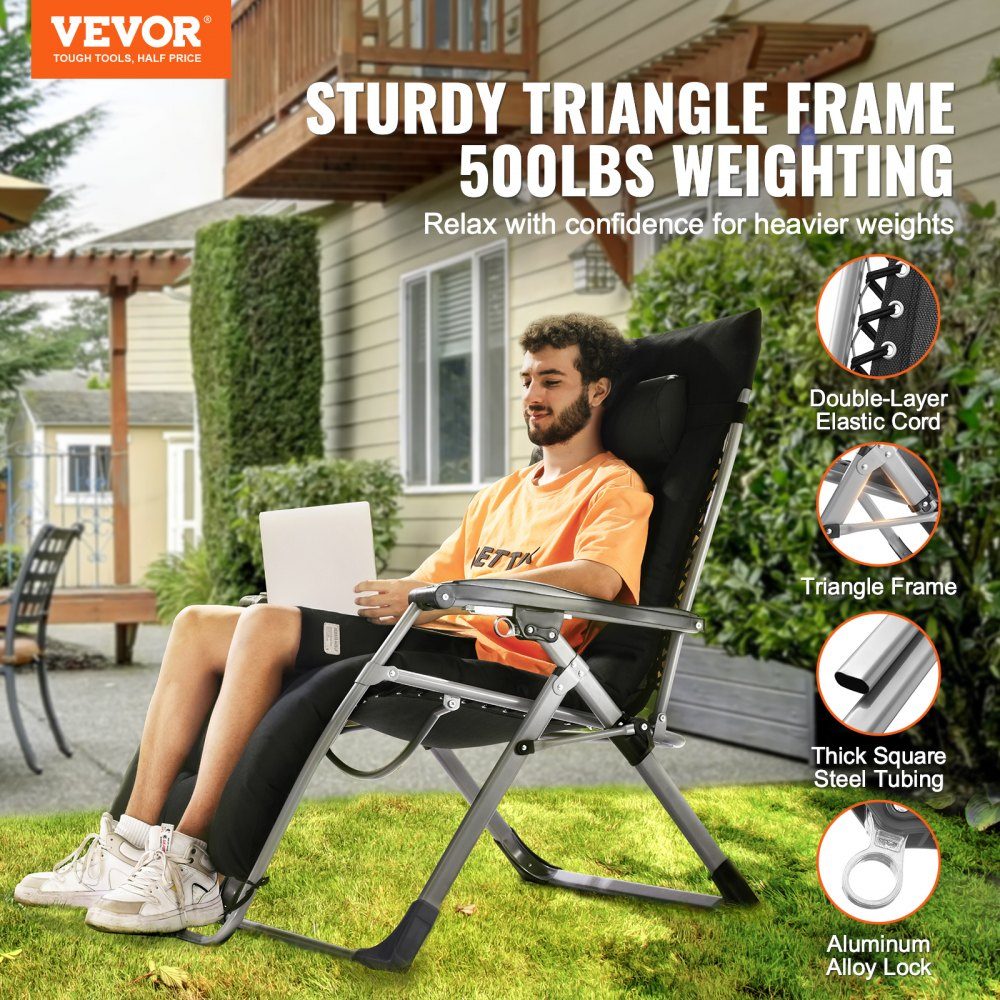 Zero Gravity Chair, 33" Indoor Outdoor Zero Gravity Recliner Chair, Adjustable Anti-Gravity Chair with Pillow, Headrest, Footrest and Cup Holder, 500 Pounds, Black